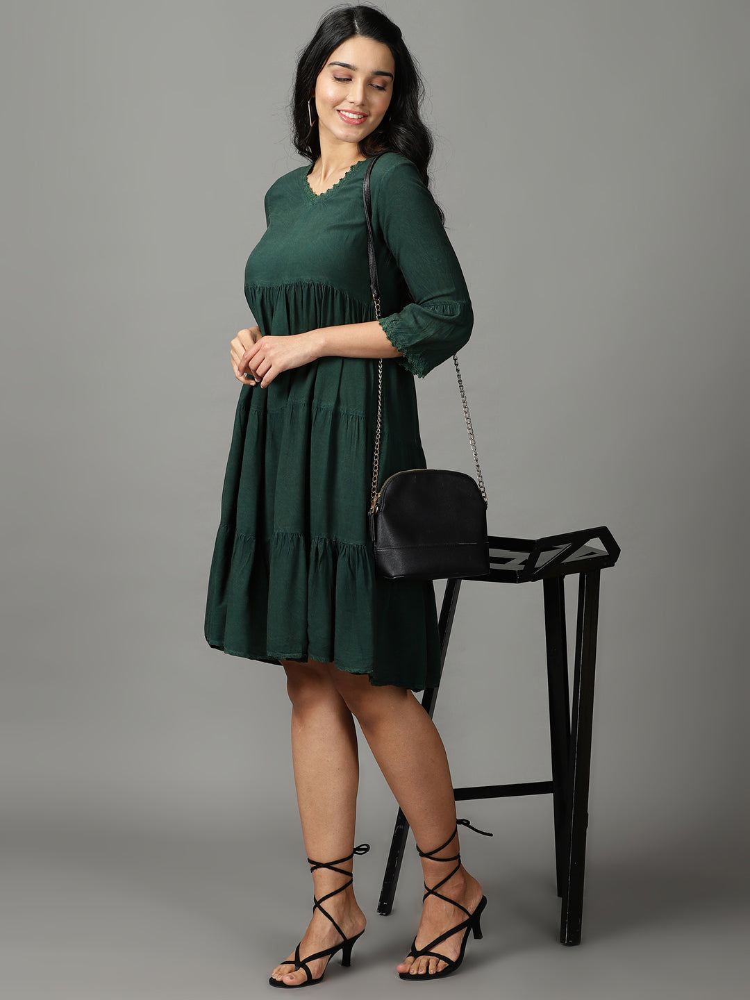 Women's Olive Solid Empire Dress