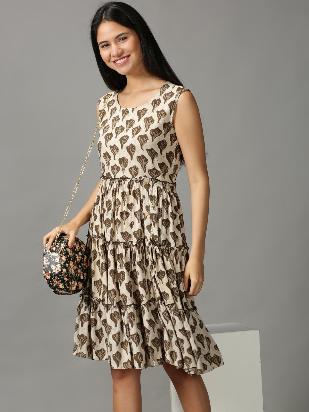 Women's Beige Printed Fit and Flare Kurti