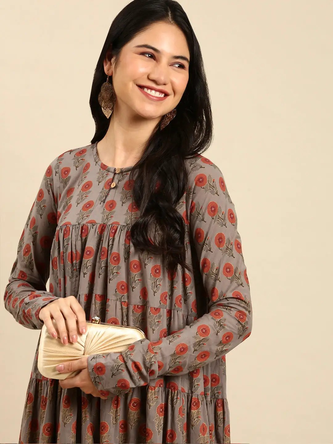 Women's Grey Printed Anarkali Kurta