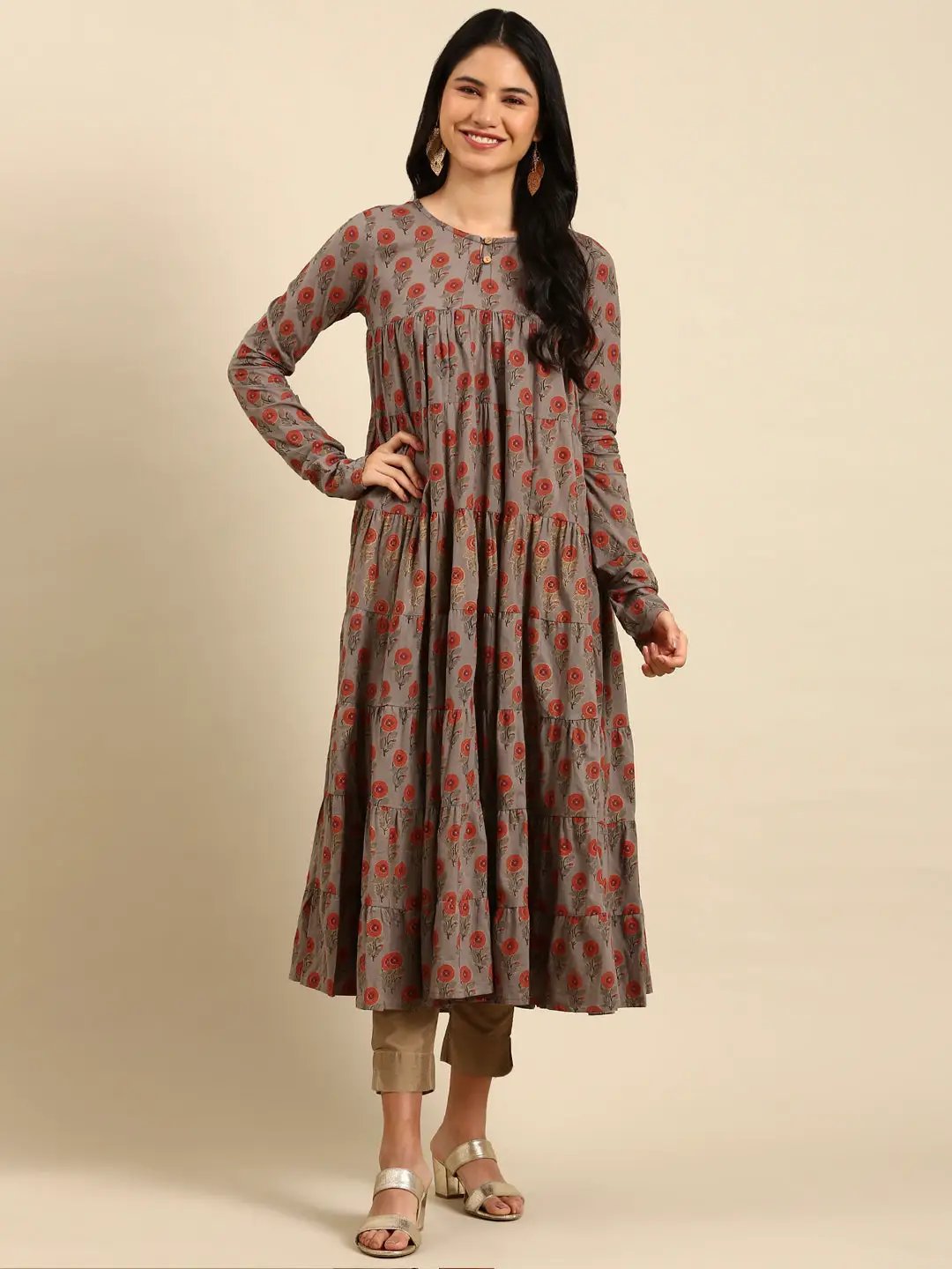 Women's Grey Printed Anarkali Kurta