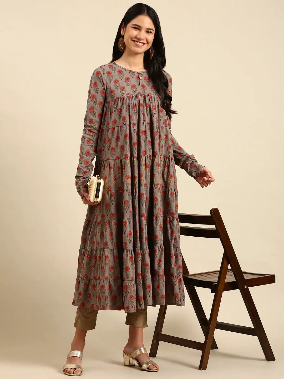 Women's Grey Printed Anarkali Kurta