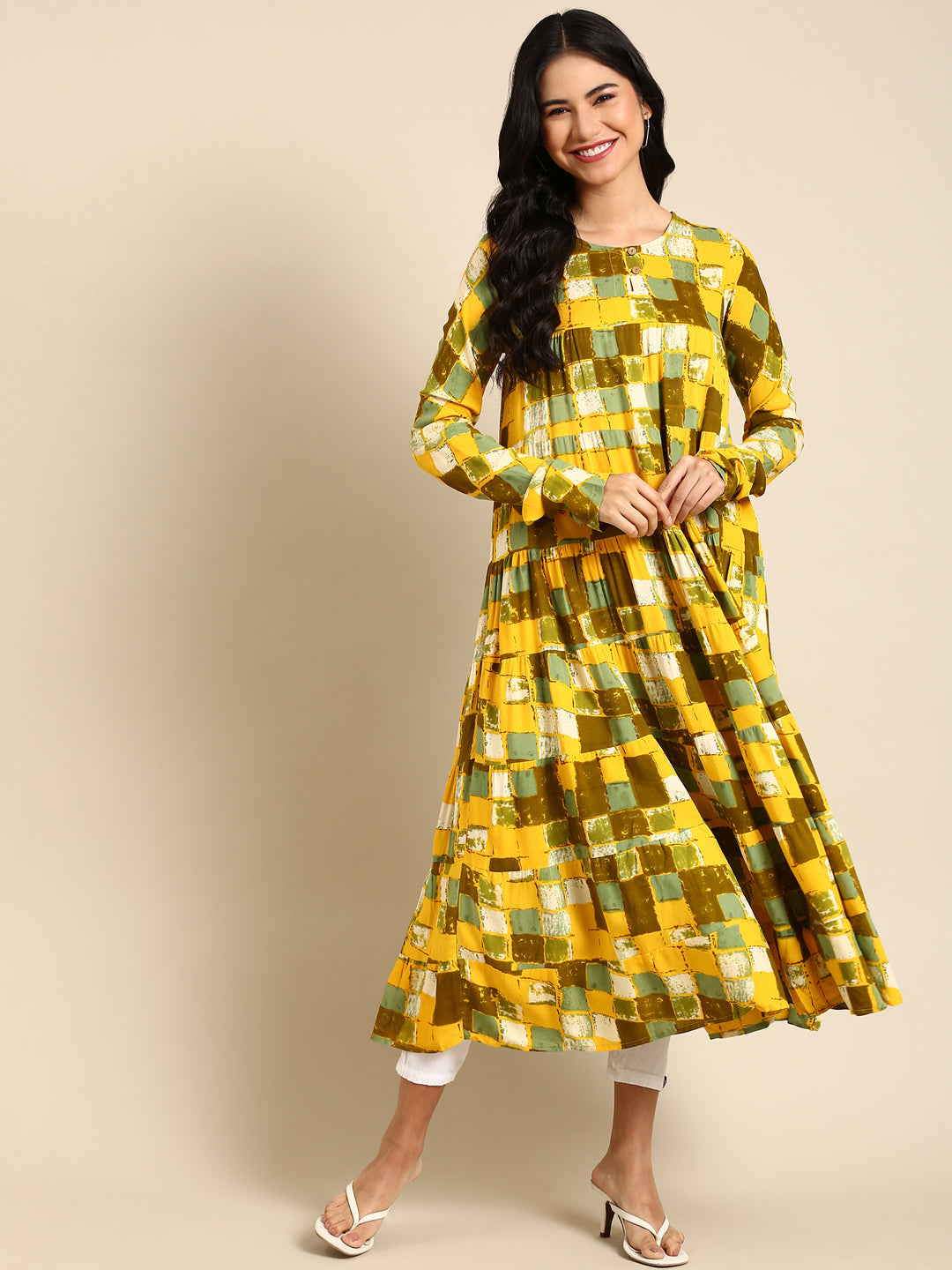 Women's Yellow Printed Anarkali Kurta