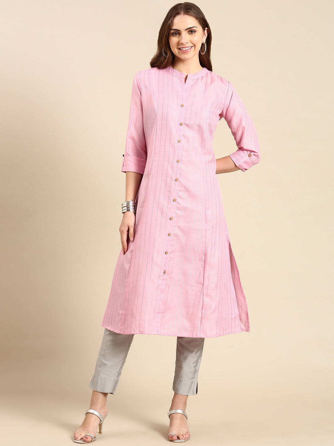 Women's Pink Solid Straight Kurta