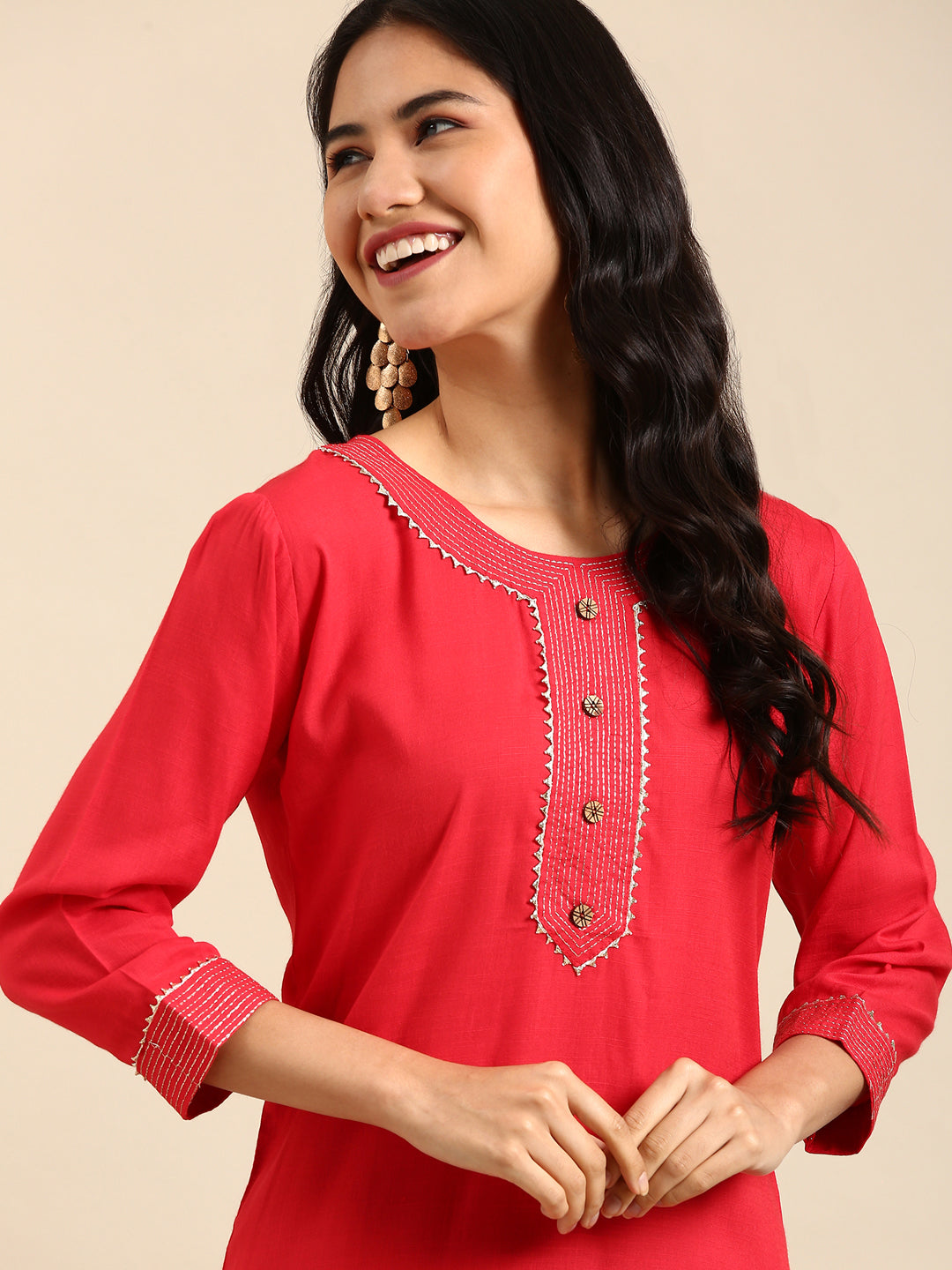 Women's Red Solid Straight Kurta