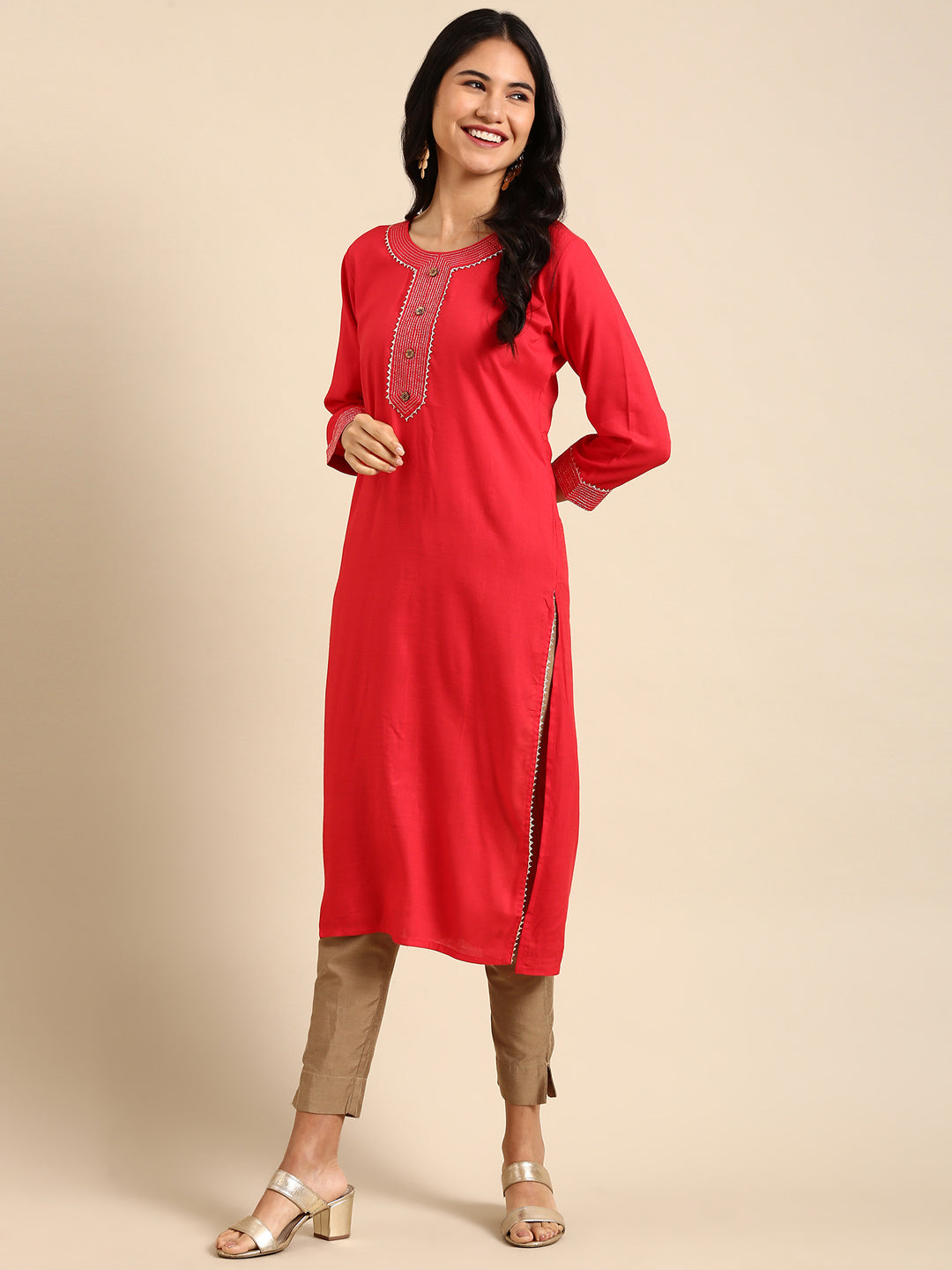 Women's Red Solid Straight Kurta