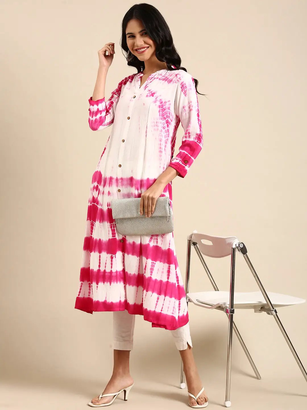 Women's White Tie Dye Anarkali Kurta