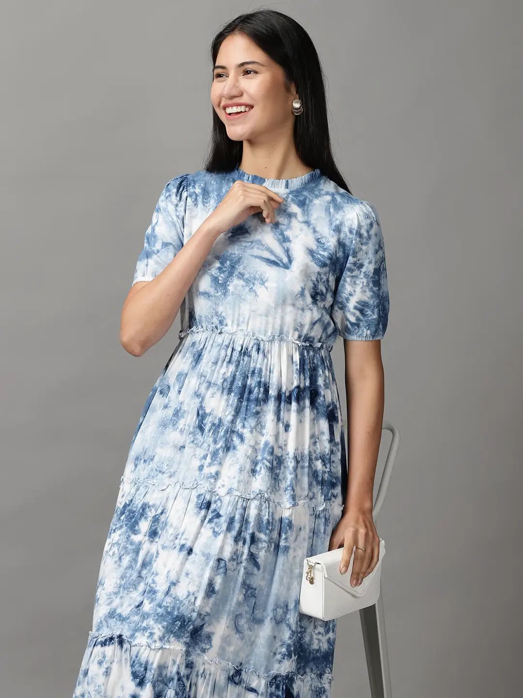 Women's Blue Tie Dye Fit and Flare Dress