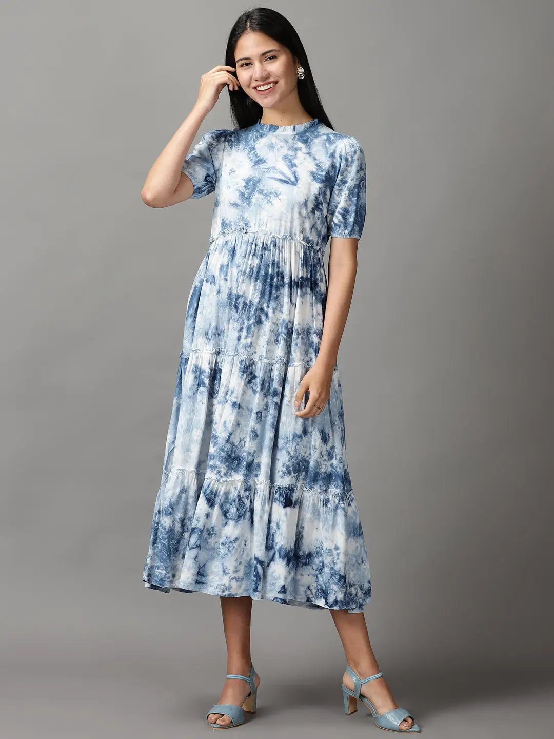 Women's Blue Tie Dye Fit and Flare Dress