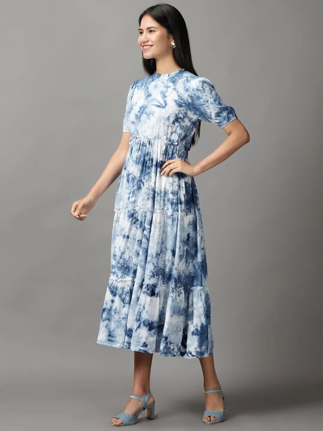 Women's Blue Tie Dye Fit and Flare Dress