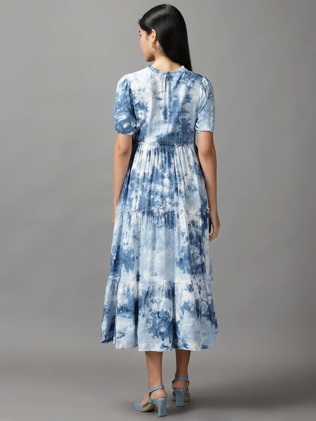 Women's Blue Tie Dye Fit and Flare Dress