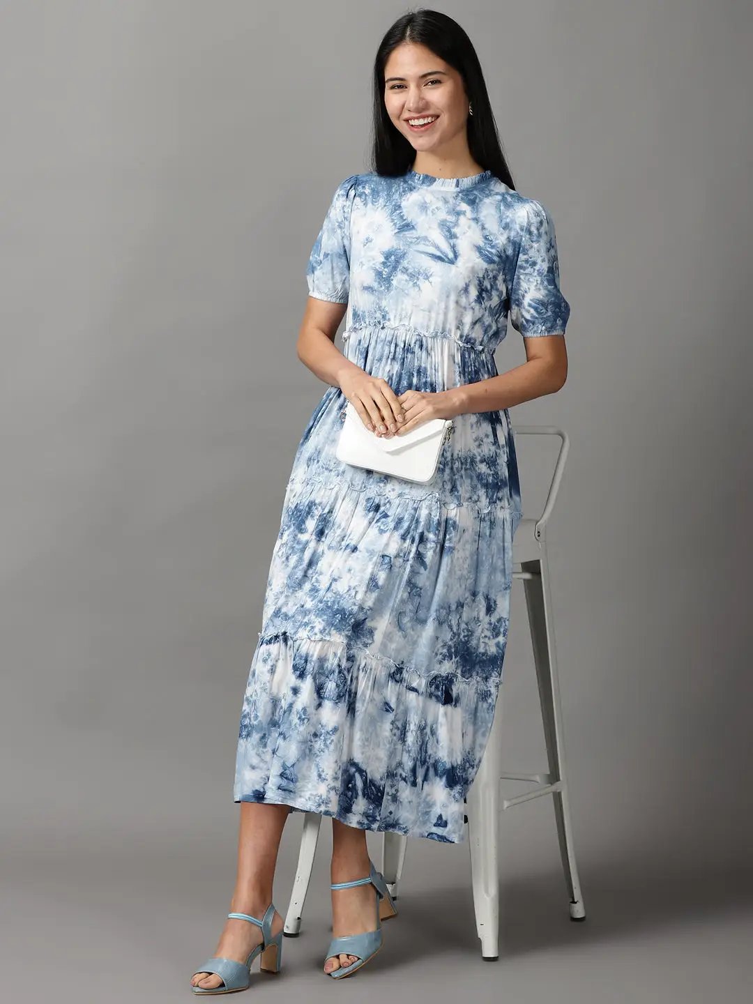 Women's Blue Tie Dye Fit and Flare Dress