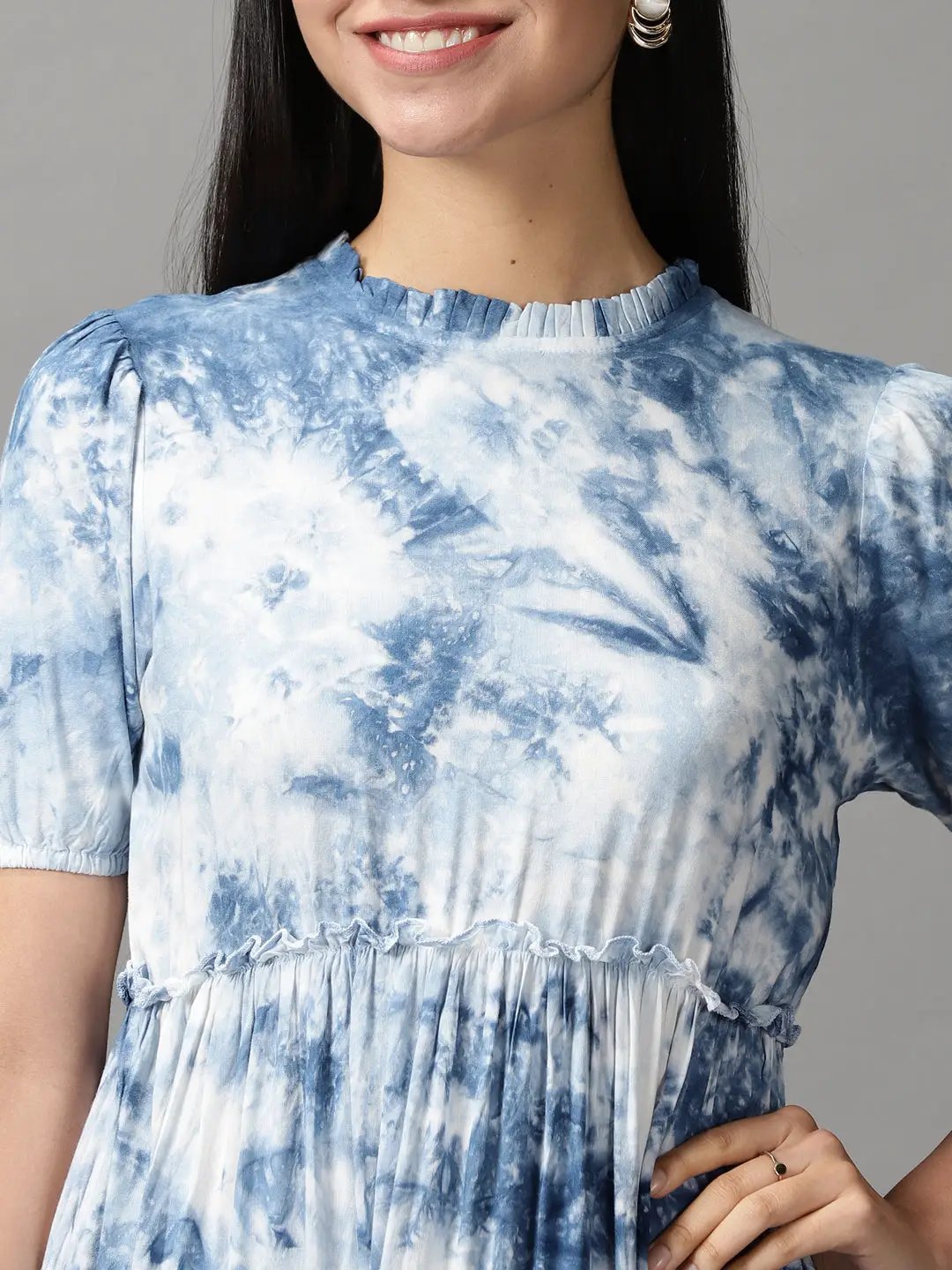 Women's Blue Tie Dye Fit and Flare Dress
