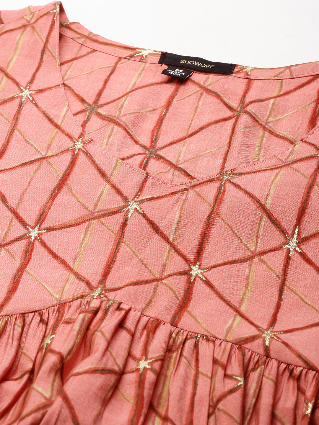 Women's Coral Geometric Printed Puff Sleeves Anarkali Kurta