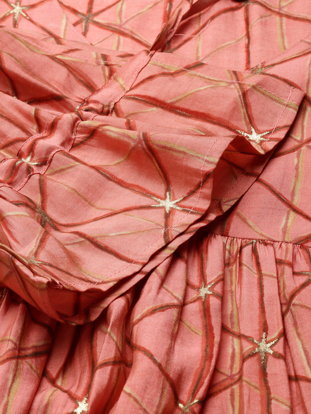 Women's Coral Geometric Printed Puff Sleeves Anarkali Kurta