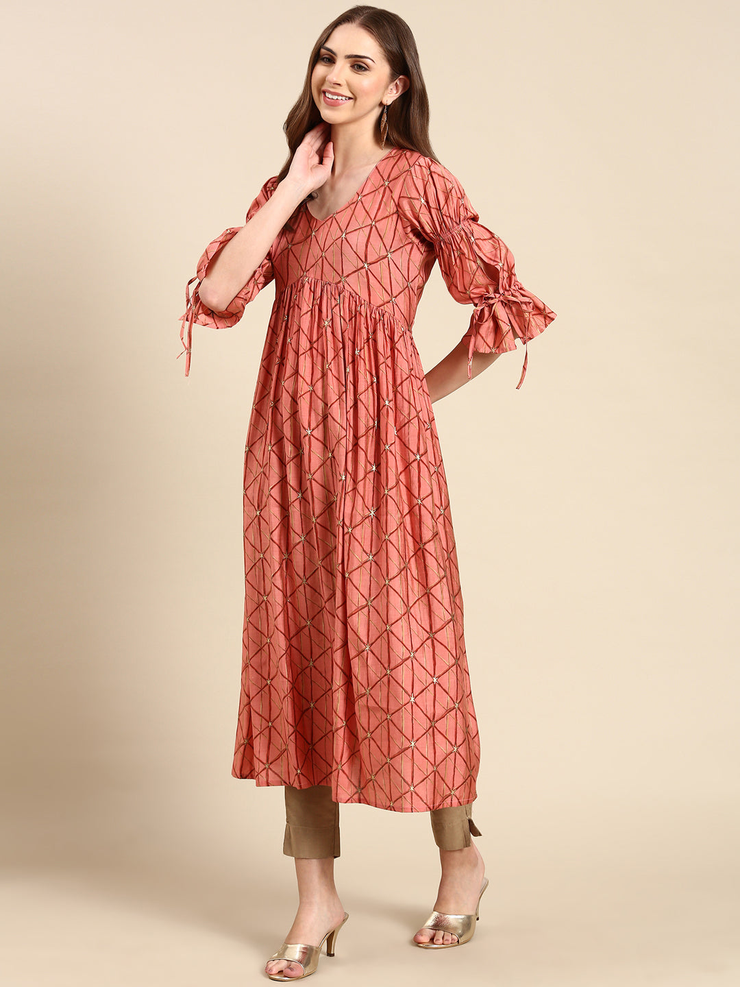 Women's Coral Geometric Printed Puff Sleeves Anarkali Kurta