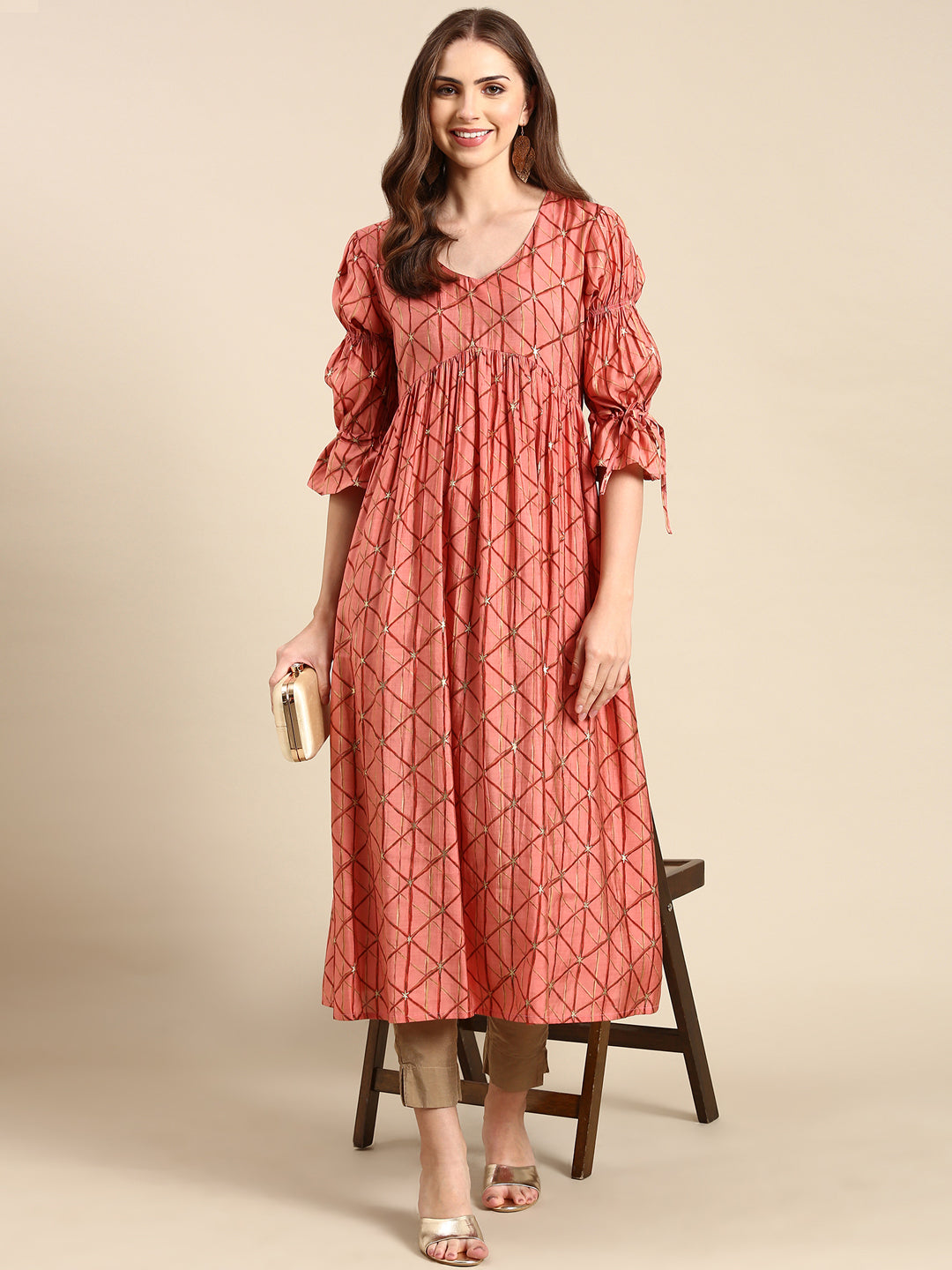 Women's Coral Geometric Printed Puff Sleeves Anarkali Kurta