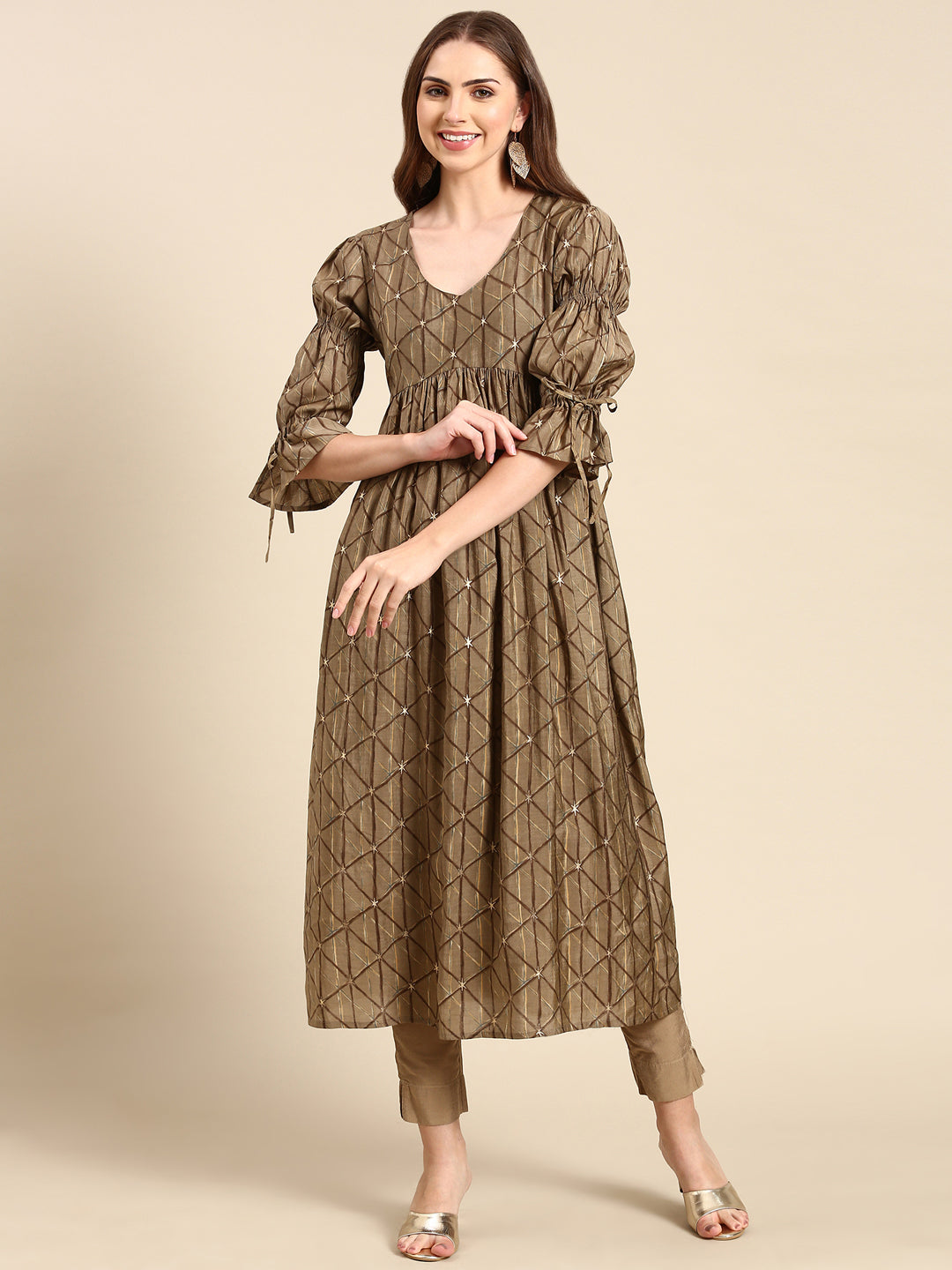 Women's Taupe Geometrical Anarkali Kurta