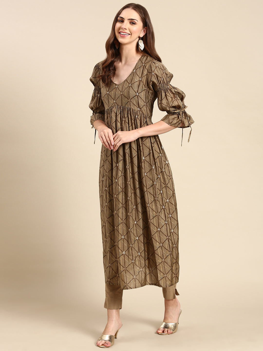 Women's Taupe Geometrical Anarkali Kurta