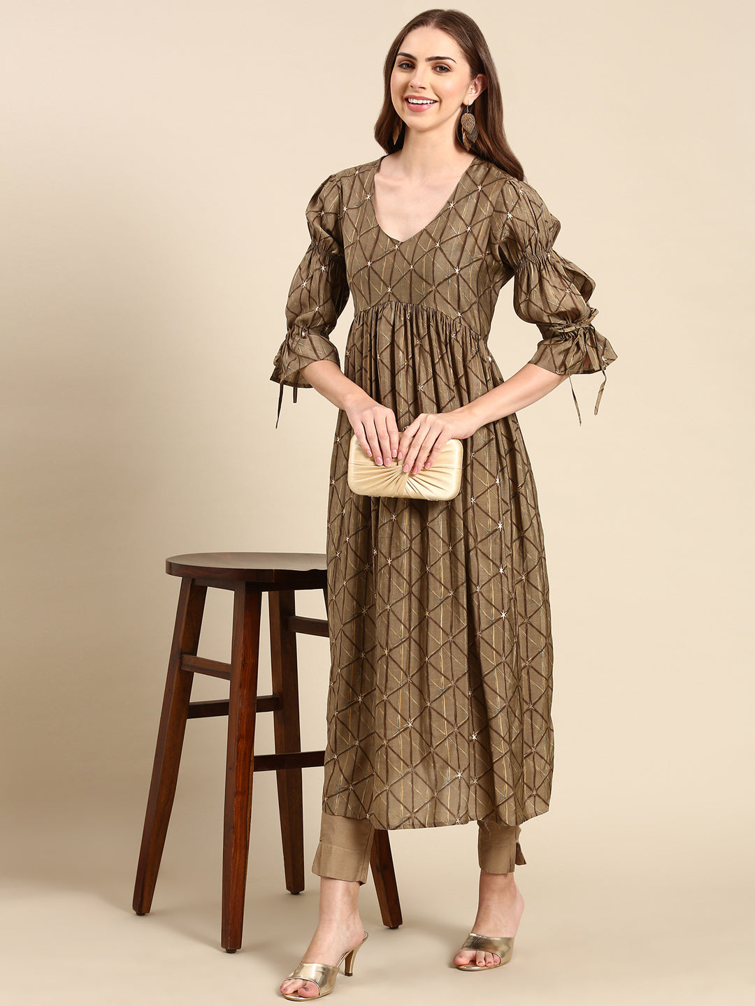 Women's Taupe Geometrical Anarkali Kurta