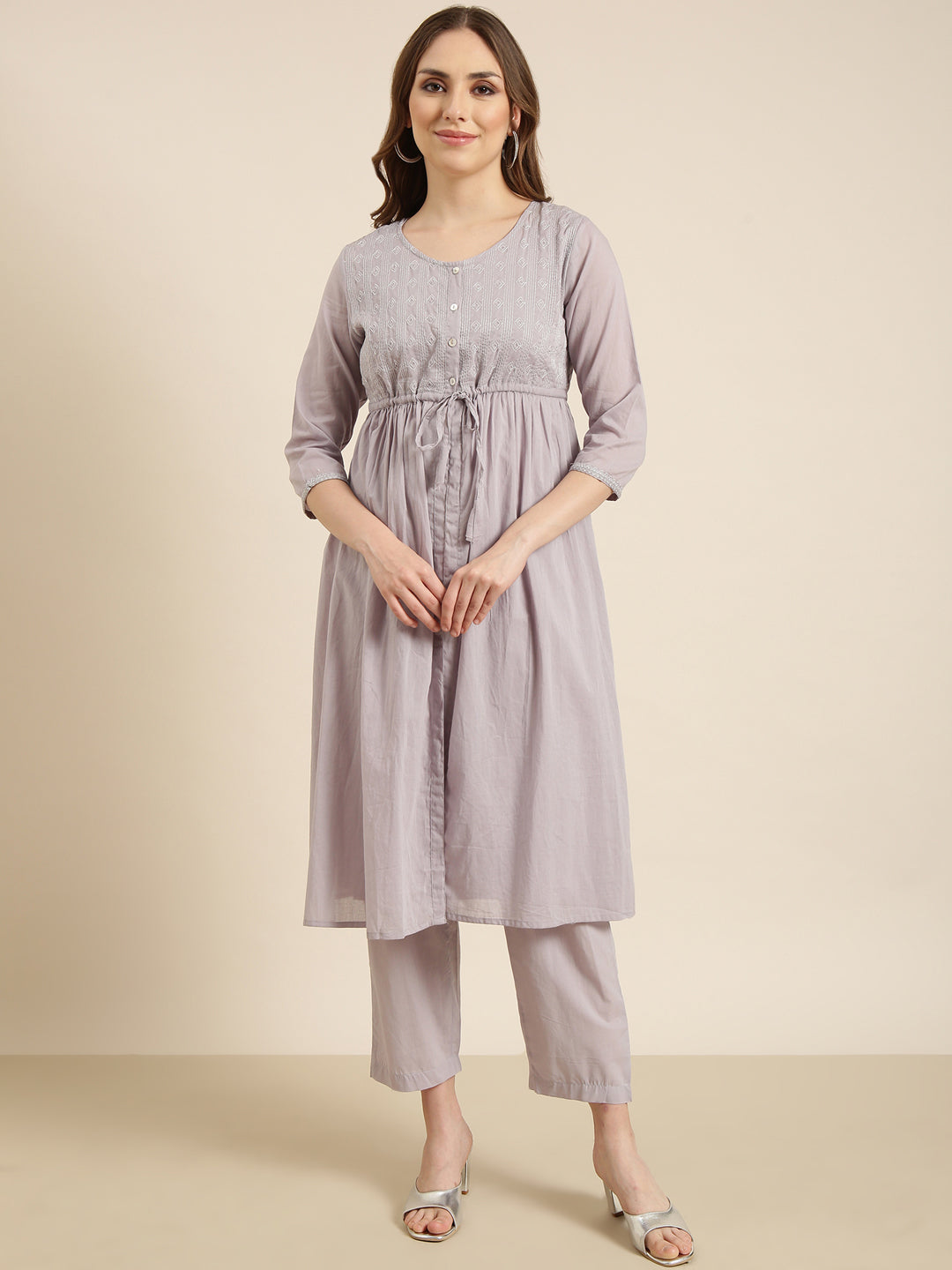 Women A-Line Grey Solid Kurta and Trousers Set