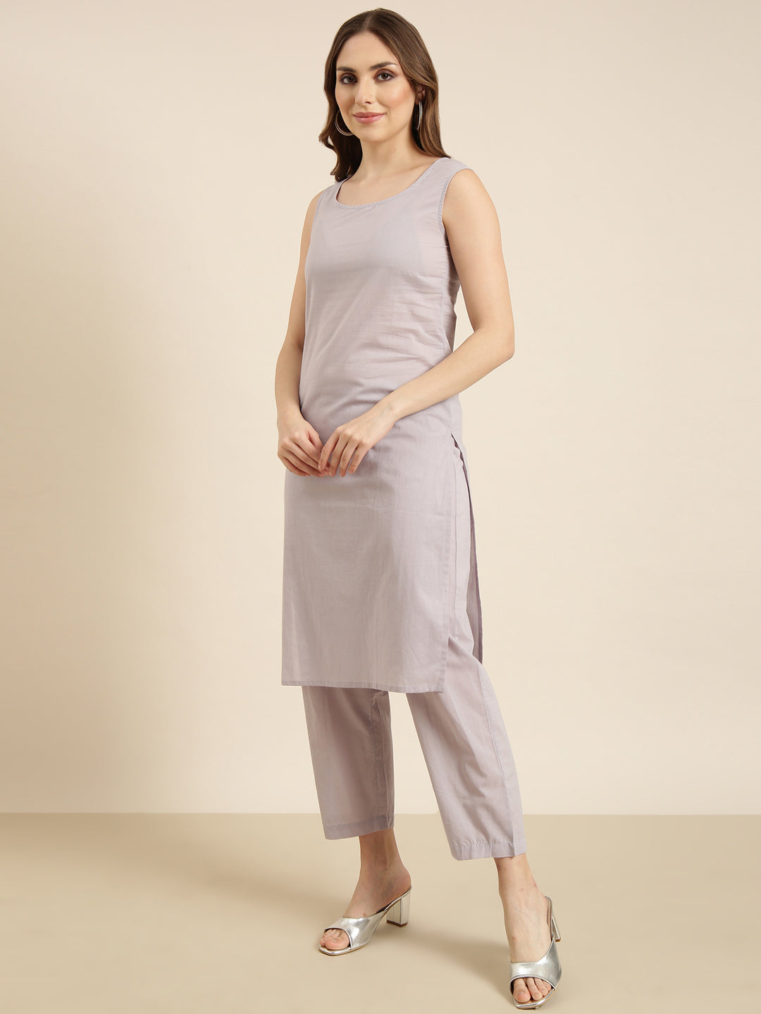 Women A-Line Grey Solid Kurta and Trousers Set