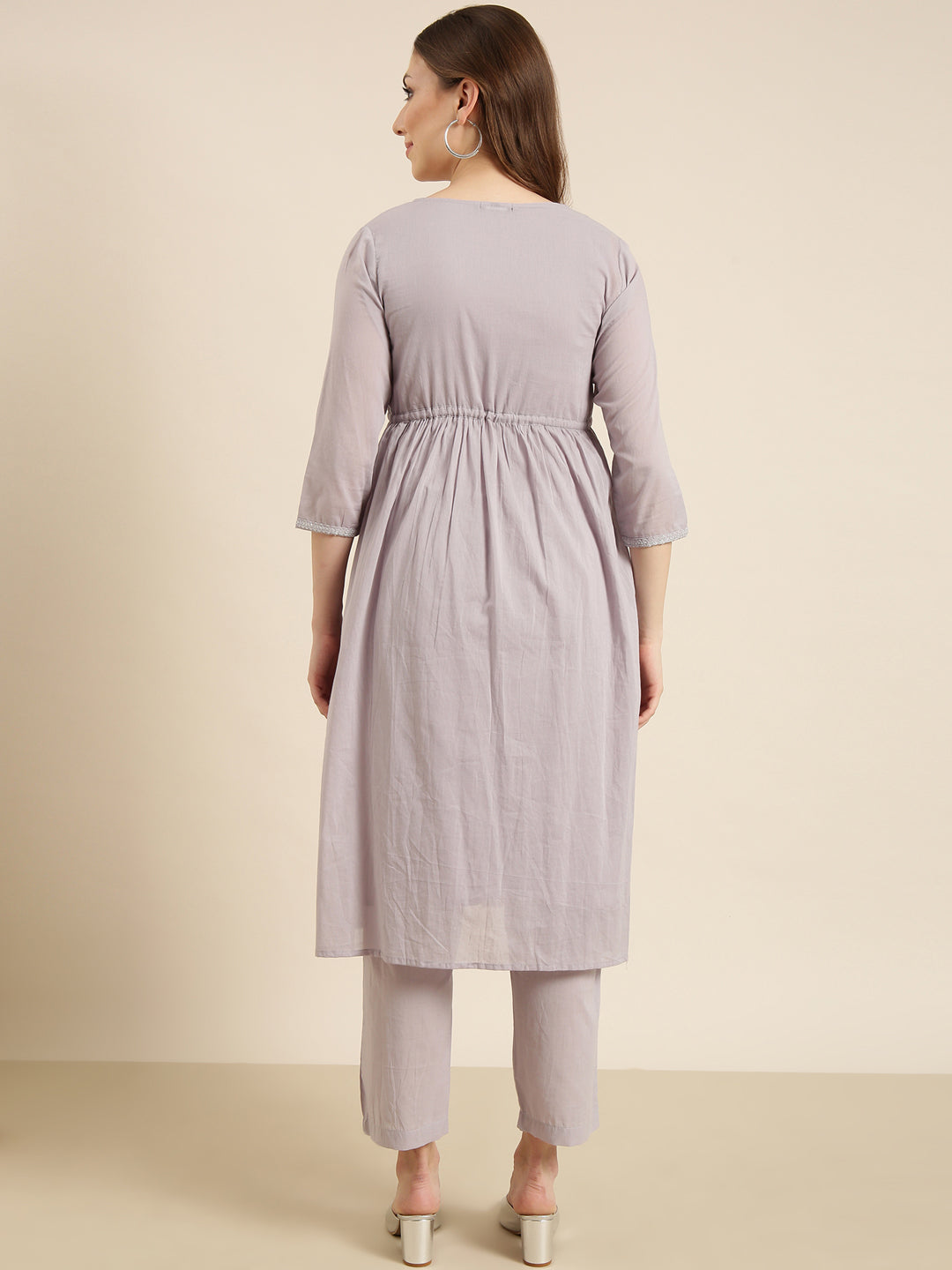 Women A-Line Grey Solid Kurta and Trousers Set