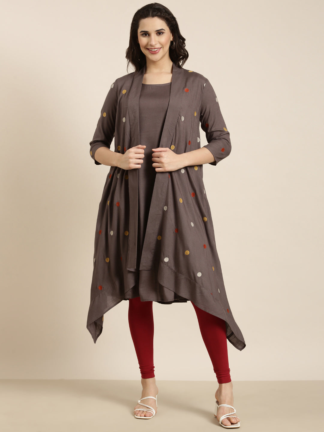 Women A-Line Grey Solid Kurta Comes With Overcoat