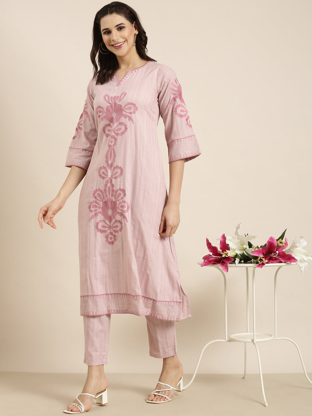 Women A-Line Peach Woven Design Kurta and Trousers Set