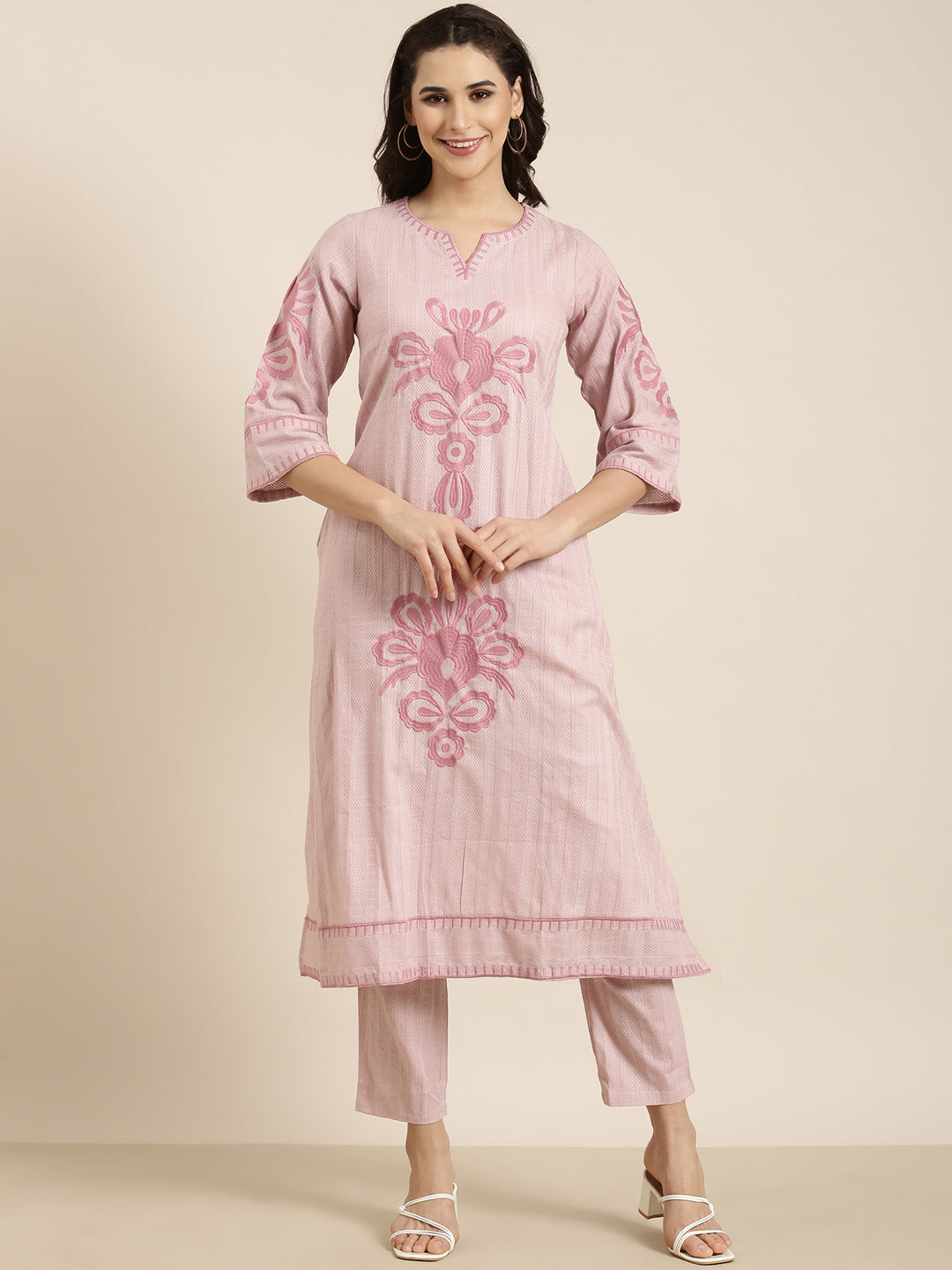 Women A-Line Peach Woven Design Kurta and Trousers Set