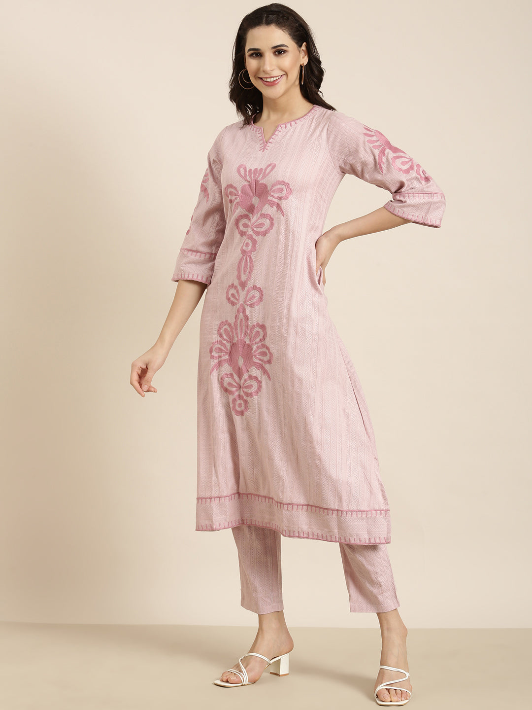 Women A-Line Peach Woven Design Kurta and Trousers Set