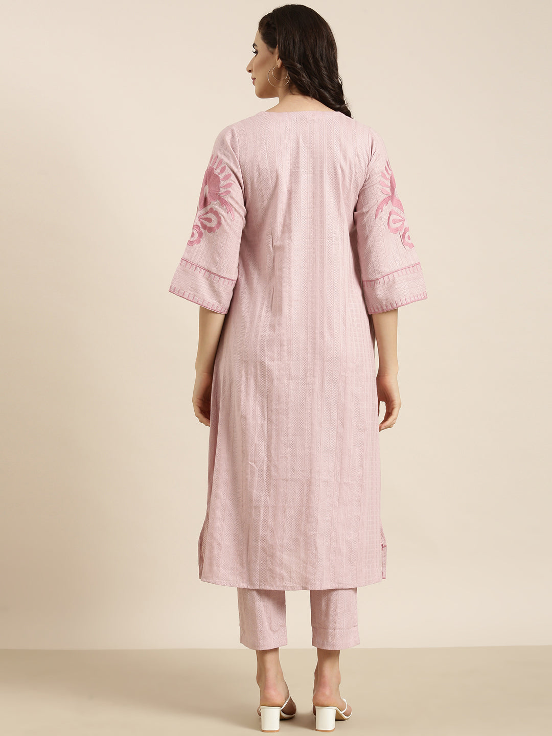 Women A-Line Peach Woven Design Kurta and Trousers Set