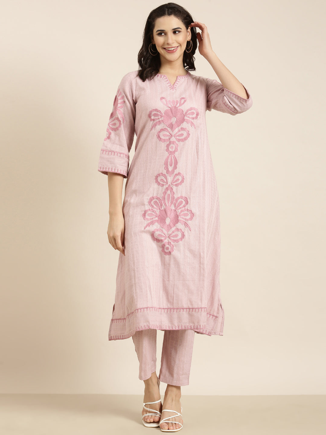 Women A-Line Peach Woven Design Kurta and Trousers Set