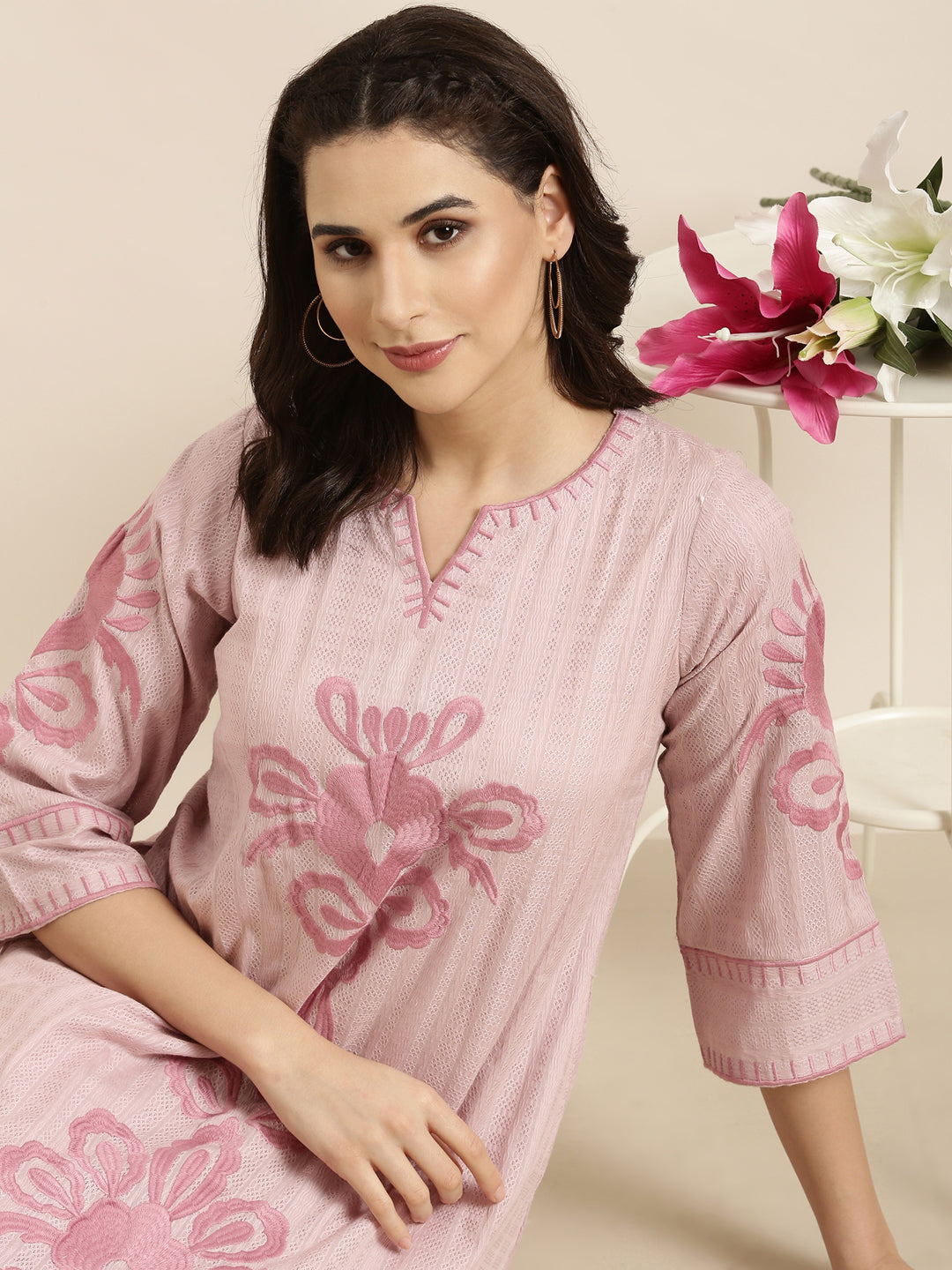 Women A-Line Peach Woven Design Kurta and Trousers Set