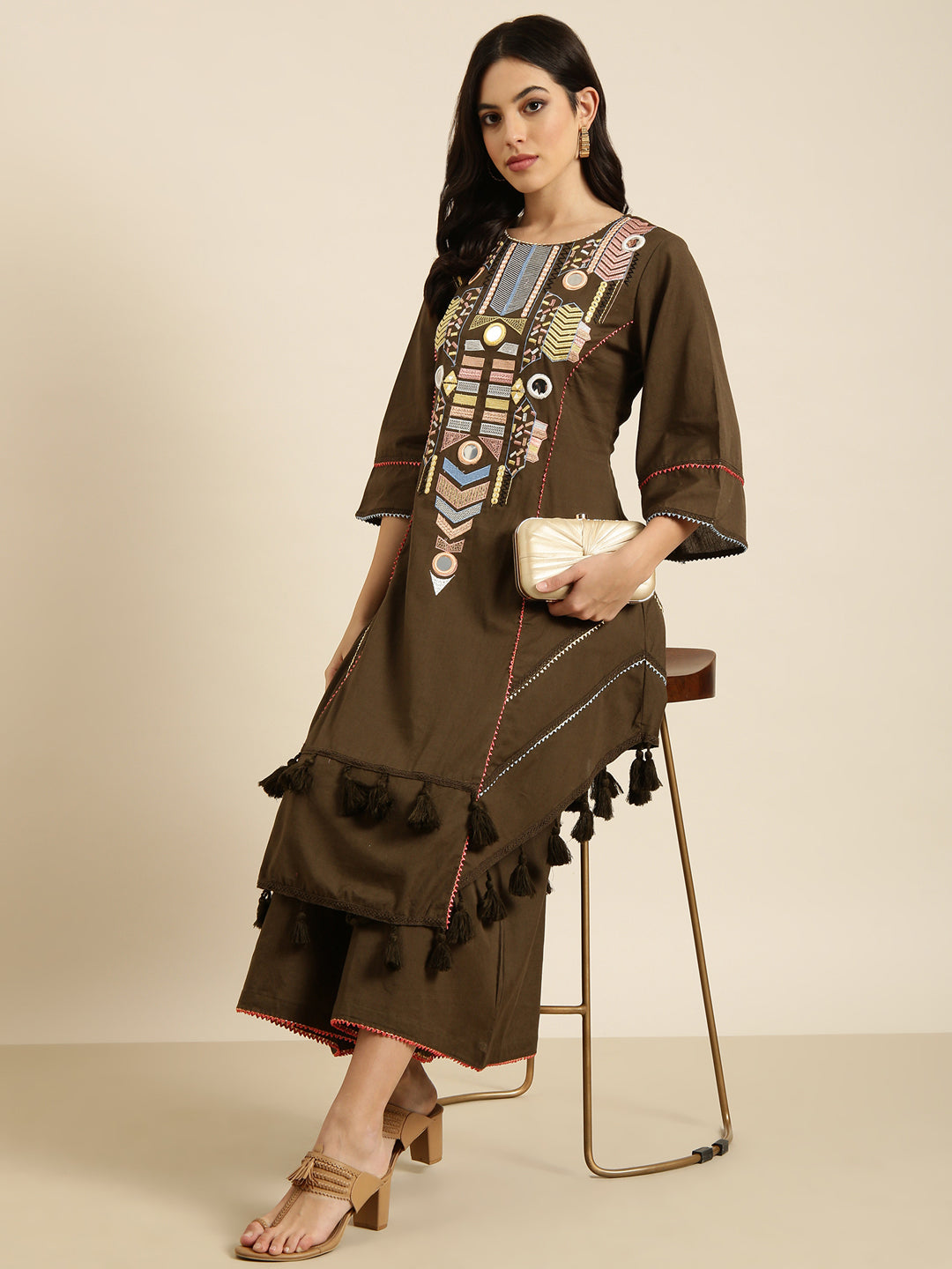 Women A-Line Olive Solid Kurta and Palazzos Set