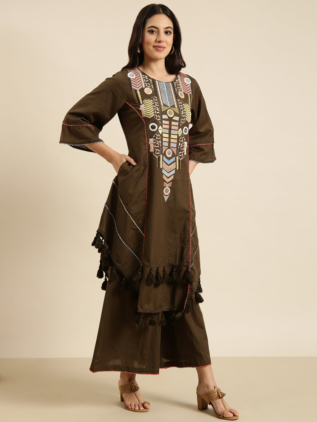 Women A-Line Olive Solid Kurta and Palazzos Set