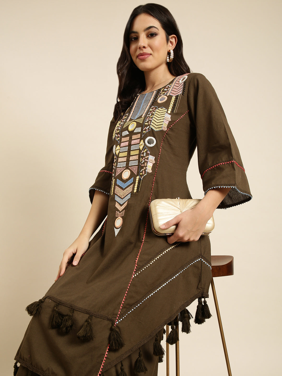 Women A-Line Olive Solid Kurta and Palazzos Set