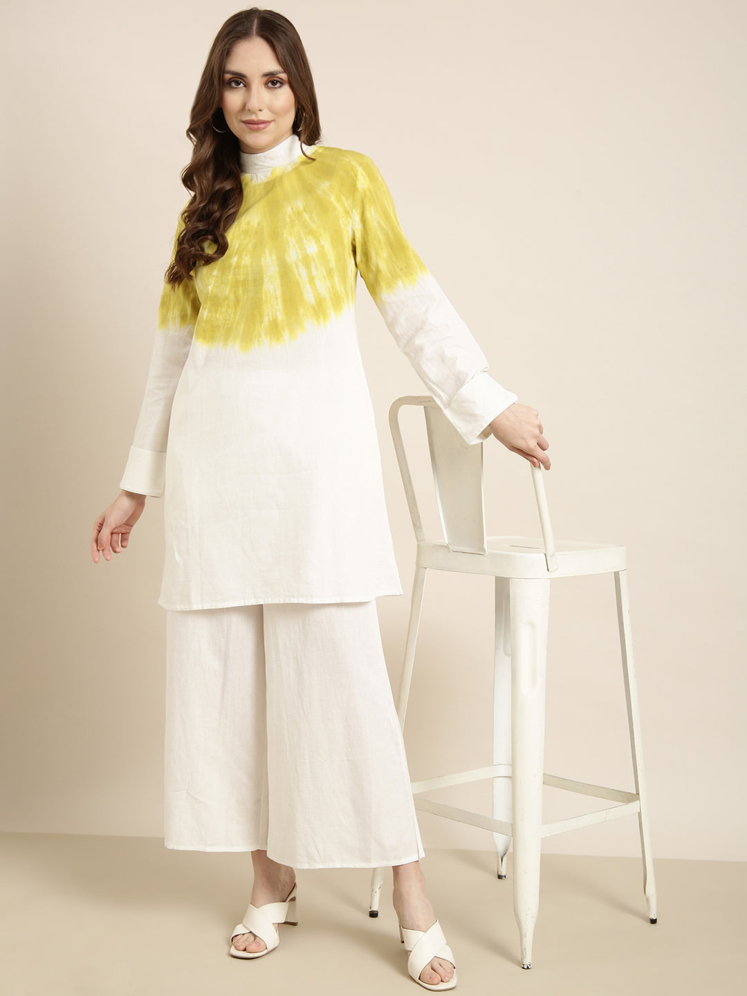 Women Off White Dyed Tunic & Palazzos Set