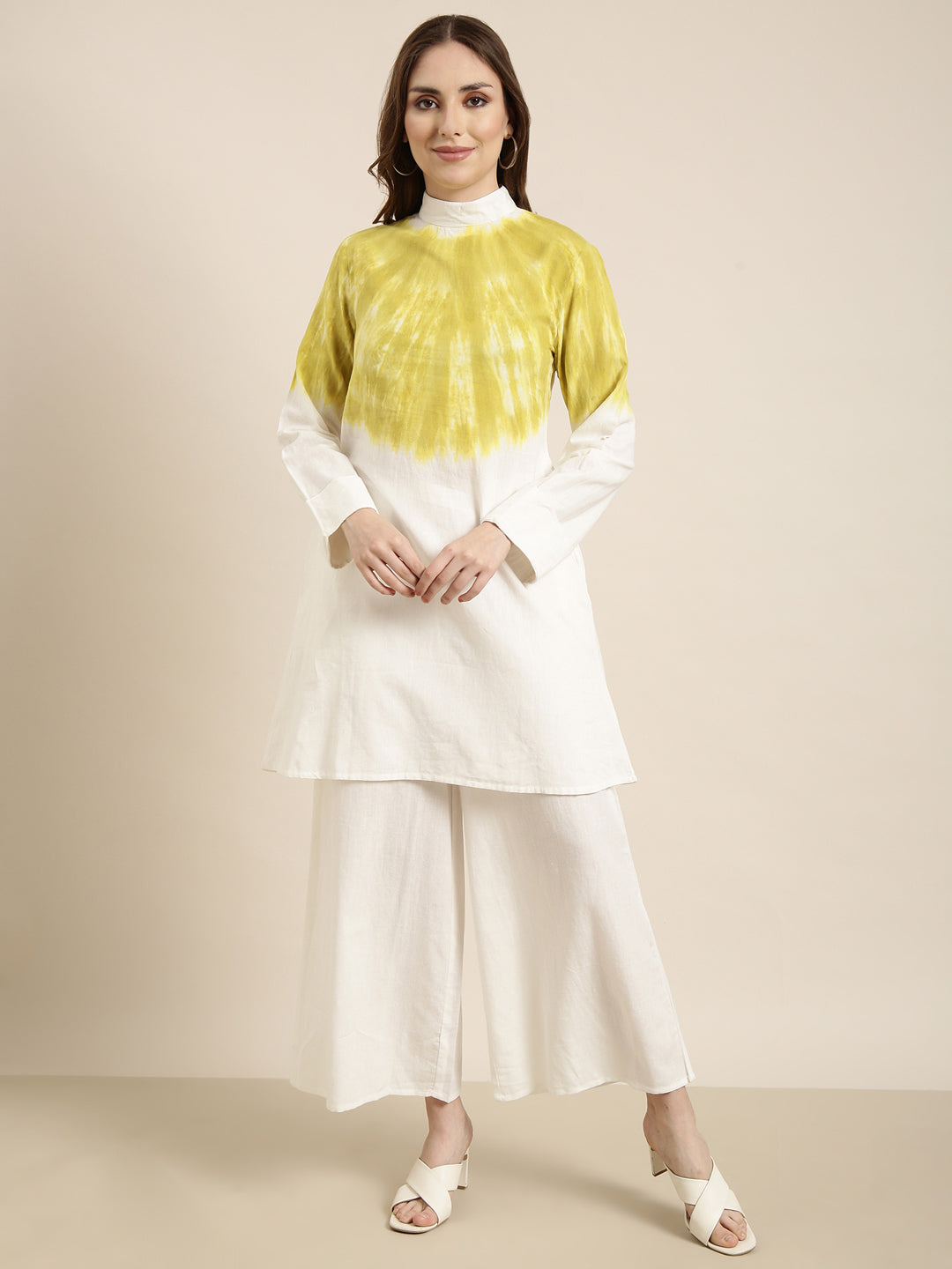 Women Off White Dyed Tunic & Palazzos Set