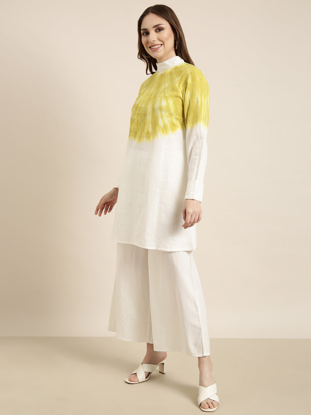 Women Off White Dyed Tunic & Palazzos Set