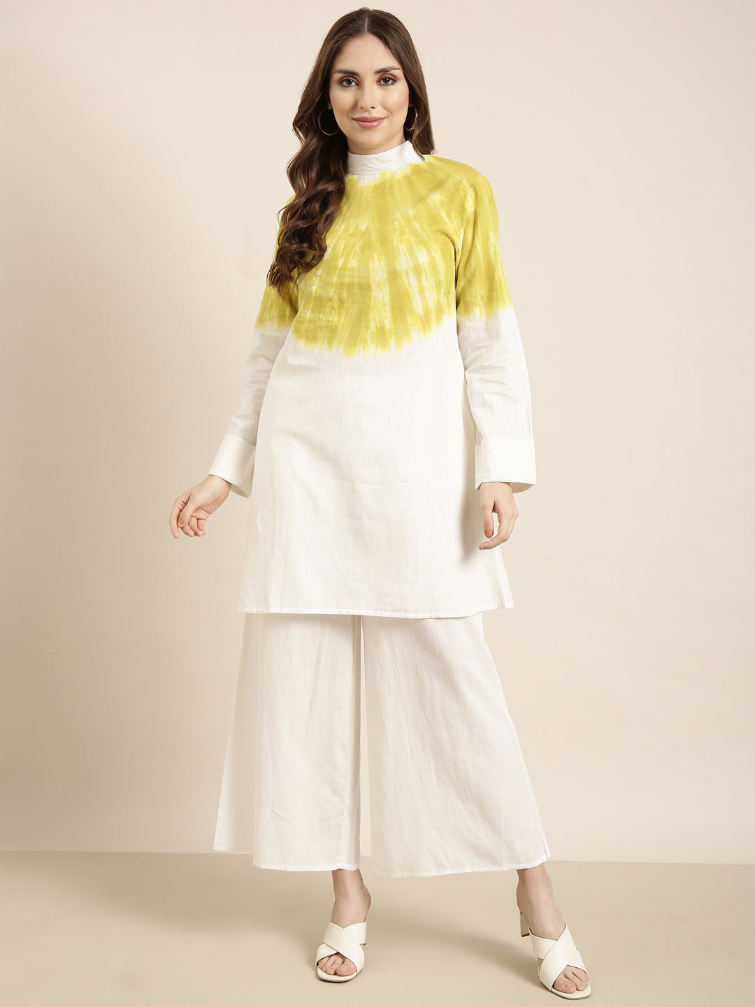 Women Off White Dyed Tunic & Palazzos Set