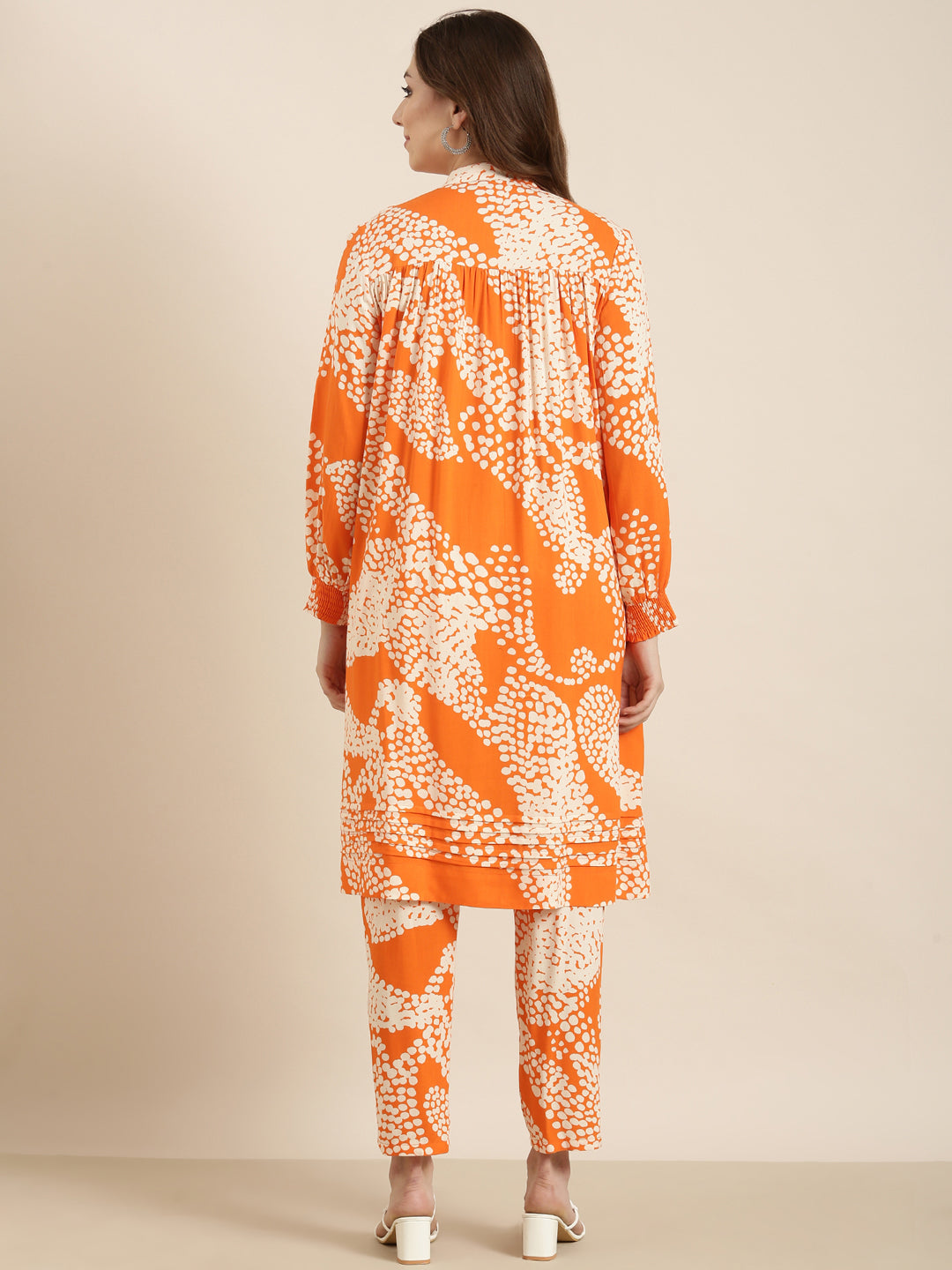 Women A-Line Orange Abstract Kurta and Trousers Set