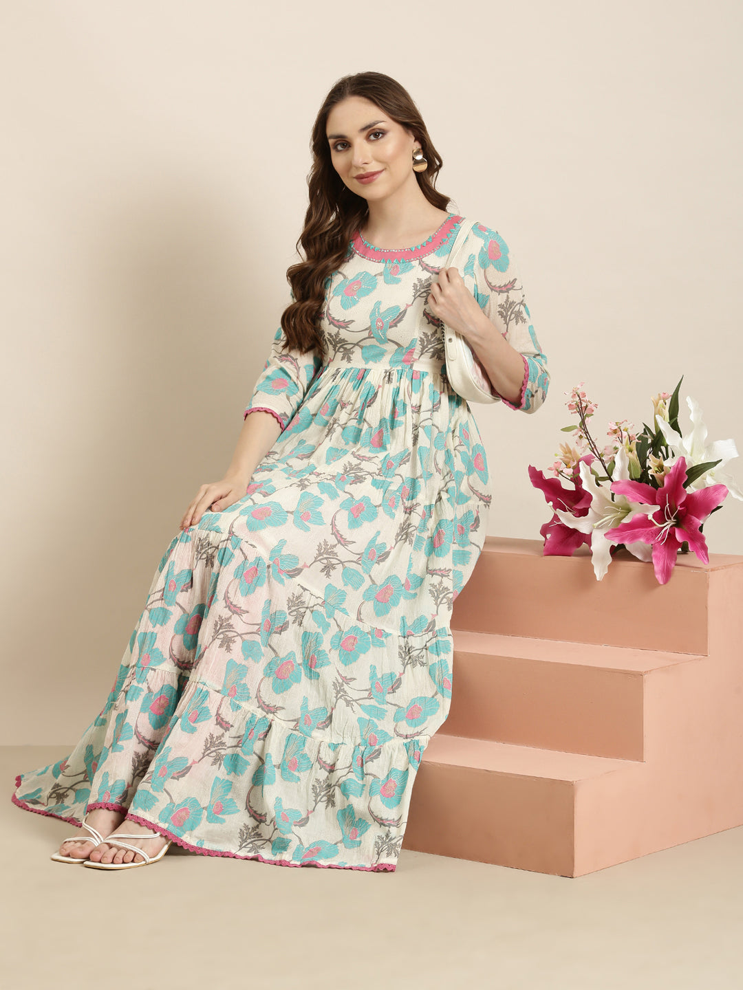 Women Anarkali Turquoise Blue Floral Kurta