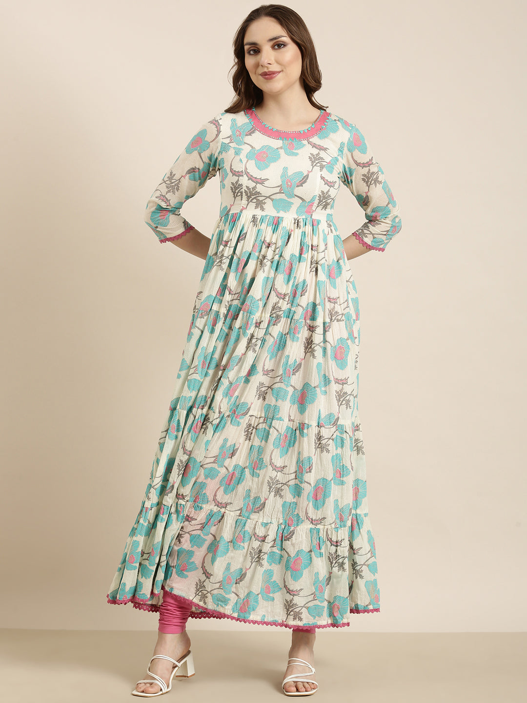 Women Anarkali Turquoise Blue Floral Kurta