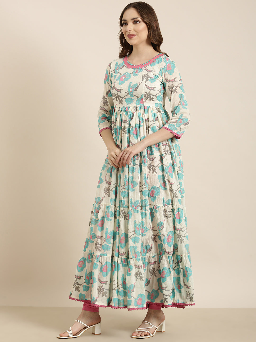 Women Anarkali Turquoise Blue Floral Kurta