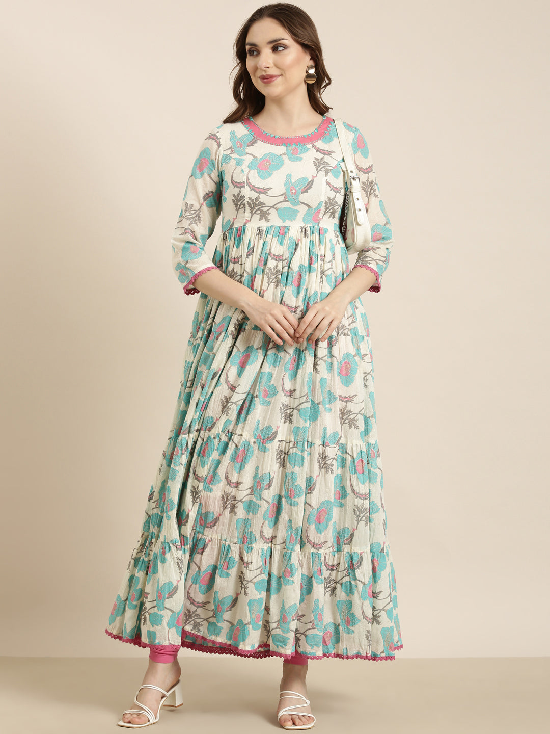 Women Anarkali Turquoise Blue Floral Kurta