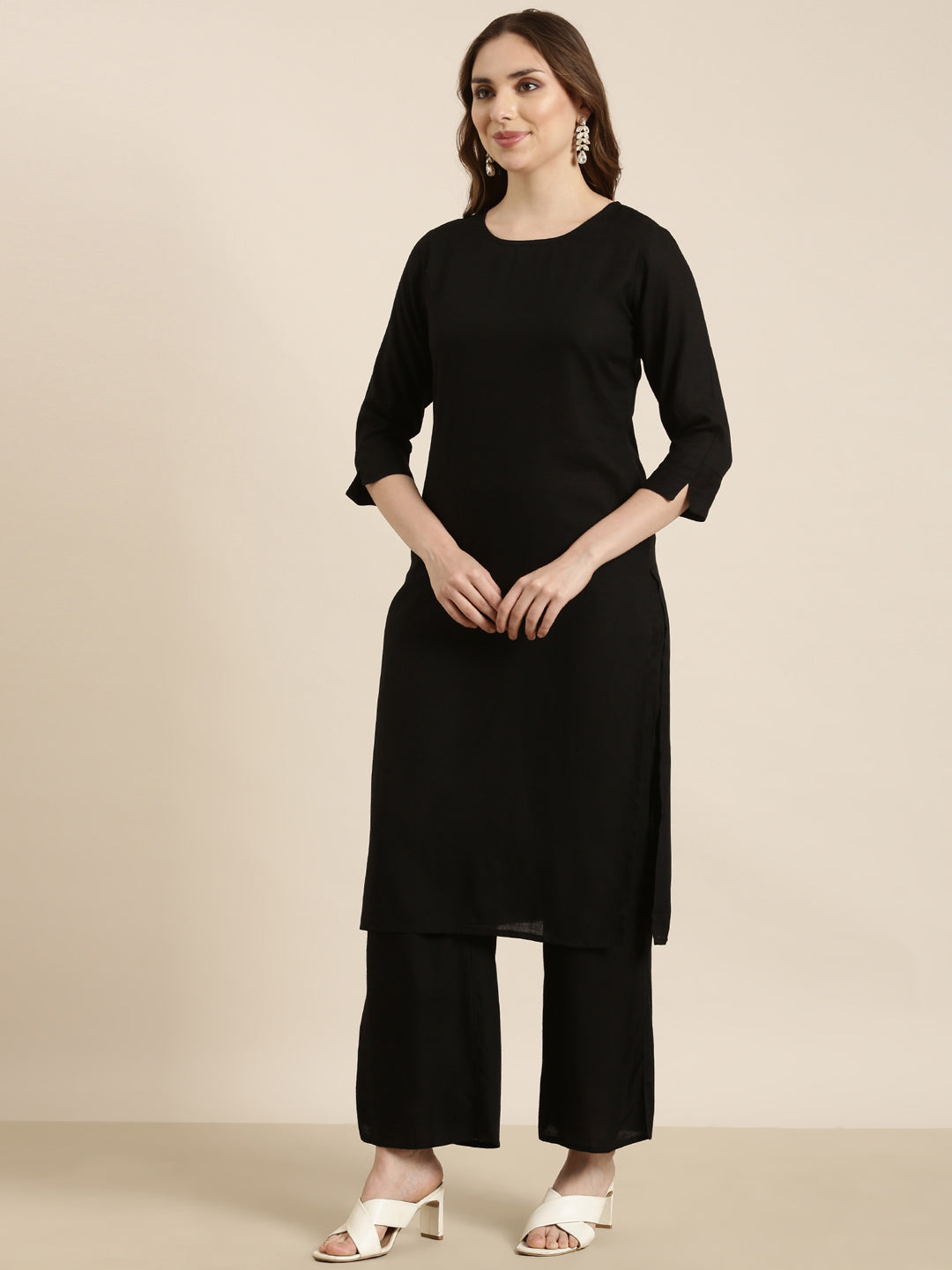 Women Straight Black Solid Kurta and Palazzos Set and Over Coat