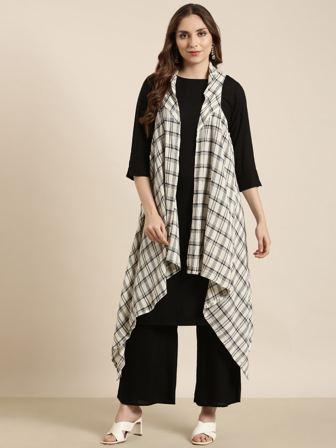 Women Straight Black Solid Kurta and Palazzos Set and Over Coat