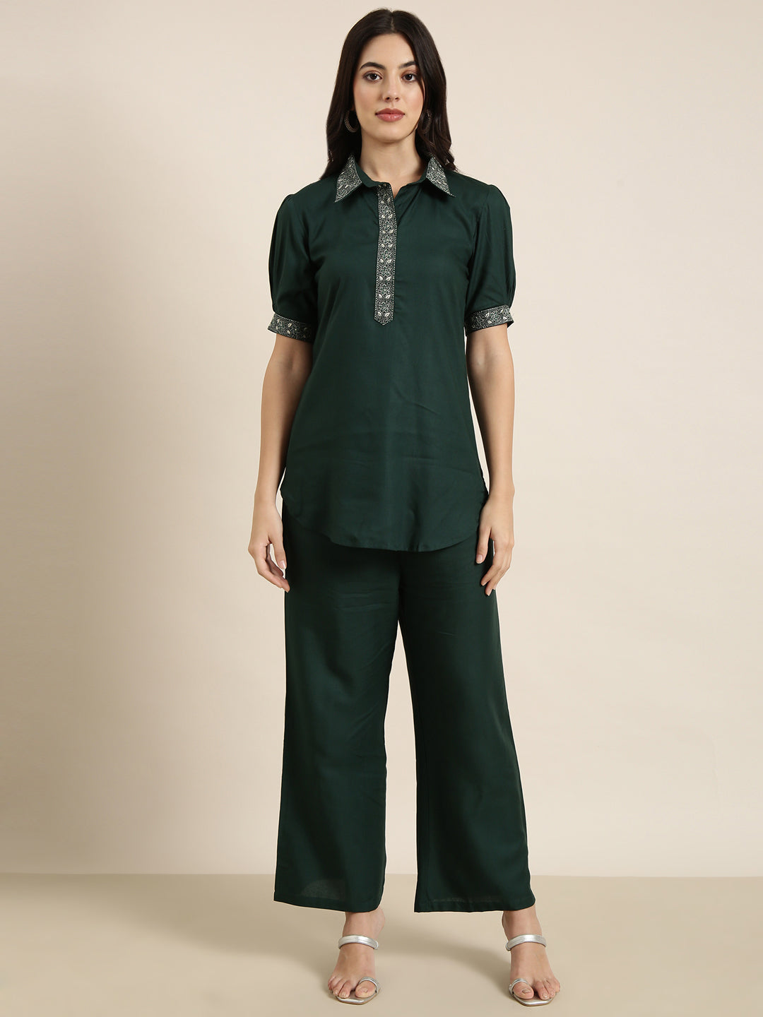 Women Green Solid Tunic & Palazzos Set