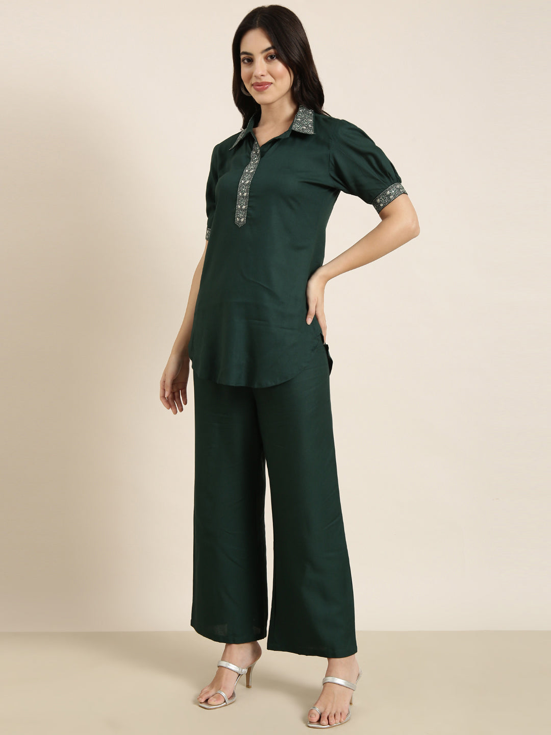 Women Green Solid Tunic & Palazzos Set