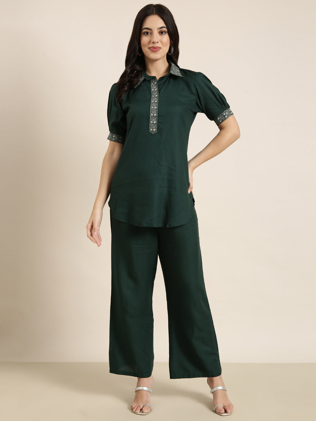 Women Green Solid Tunic & Palazzos Set